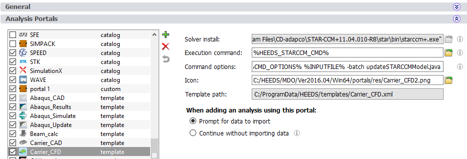 Figure 8. Template Settings in HEEDS Analysis Portals Options